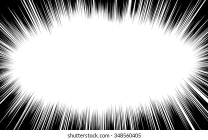 Comic book black and white radial lines background. Manga speed frame.Superhero action. Explosion vector illustration. Rectangle fight stamp.
