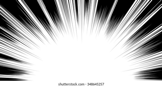 Comic Book Black And White Radial Lines Background. Manga Speed Frame.Superhero Action. Explosion Vector Illustration. Rectangle Fight Stamp. Sun Ray.