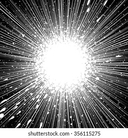 Comic book black and white radial lines background Manga graphic speed frame Superhero action Explosion vector illustration Square fight stamp Sun ray Star burst Spray paint Grunge dirty ink texture