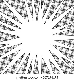 Comic book black and white radial lines with dots Square fight stamp for card Manga or anime speed graphic texture Explosion vector frame Sun ray or star burst background