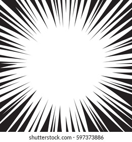 Comic book black and white radial lines background. Manga speed frame design element. Graphic explosion vector illustration.