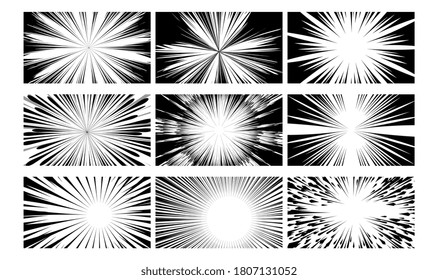 Comic book. Black and white texture action ray explosion. Abstract monochrome layout illustration. Radial comic book speed line vignetting cover set. Vector sketch picture frame with powerful ray beam