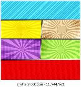 Comic book blank background with different humor effects in various colors. Vector illustration