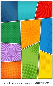 Comic book blank background with radial halftone dotted effects and rays in pop art style. Vector illustration