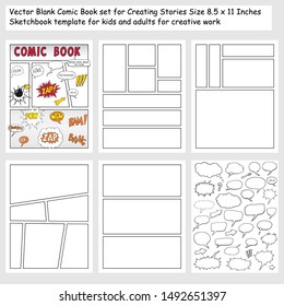 Comic Book Blanks Set, Text Speech Bubbles , Comic Magazine Cover Template, Strip Page Mock Up