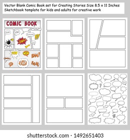 comic book Blanks set, text speech bubbles , Comic magazine cover Template, strip page mock up