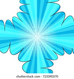 Comic book blue background with four blank speech bubbles in corners, halftone and radial effects in pop art style. Vector illustration