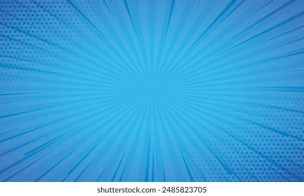 Comic book blue background with halftone dots and rays. Vector illustration