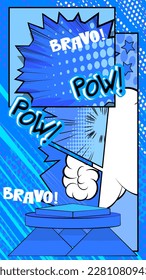 Comic book blue product podium backdrop. Pop Art Stage for presentation. Comics business advertising background. Retro platform, marketing display.