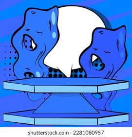 Comic book blue product podium backdrop. Pop Art Stage for presentation. Comics business advertising background. Retro platform, marketing display.