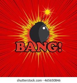 Comic book bomb explosion with bang text, blot and rays. Cartoon illustration in pop-art style