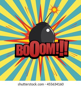 Comic book bomb explosion with boom text, blot and radial background. Cartoon illustration in pop-art style