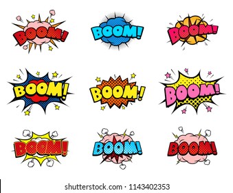 Comic book boom sound speech bubbles set, explosion blast and detonation funny icons, halftone print texture. EPS 10