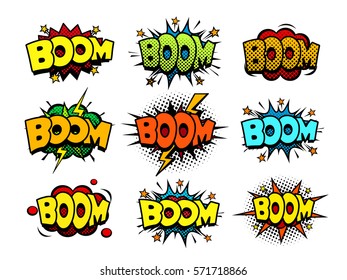 Comic book boom sound speech bubbles, explosion blast and detonation funny icons, halftone print texture