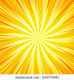 Comic book bright abstract template with orange rays and halftone effects on yellow twisted radial background. Vector illustration