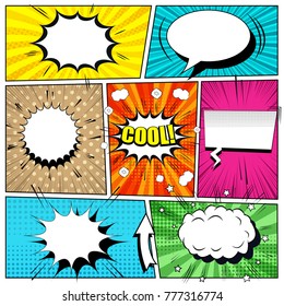 Comic book bright background with speech bubbles, arrow, blots, sound, rays and different halftone effects, funny radial and dotted backgrounds. Pop-art style. Vector illustration