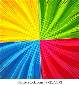 Comic book bright backgrounds in orange, blue, green, red colors with rays, twisted radial and halftone effects. Pop art style. Vector illustration