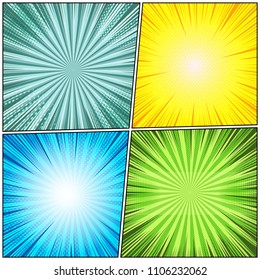 Comic book bright backgrounds set with four scenes radial halftone and rays humor effects in different colors. Vector illustration