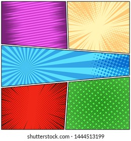 Comic book bright colorful concept with radial slanted lines halftone rays dotted humor effects. Vector illustration
