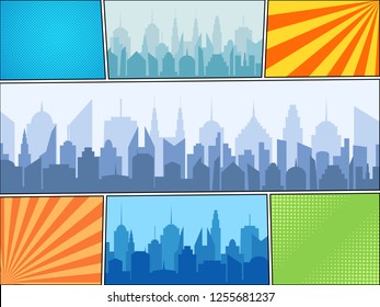 Comic book bright composition with different day cityscapes radial and halftone humor effects. Vector illustration