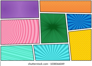 Comic book bright composition with halftone rays dotted radial circles slanted lines effects in different colors in pop-art style. Vector illustration