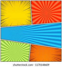 Comic book bright concept with rays radial halftone and dotted effects in orange yellow blue green red colors. Vector illustration