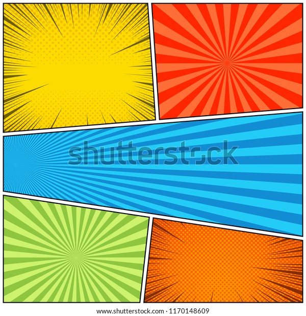 Comic book bright concept with rays radial\
halftone and dotted effects in orange yellow blue green red colors.\
Vector illustration