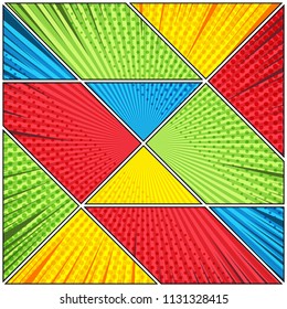 Comic book bright dynamic background with halftone radial and rays humor effects in green red yellow blue colors. Vector illustration