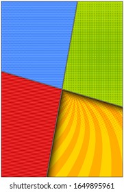 Comic book bright elegant composition with four colorful frames with stripes dotted halftone radial effects. Vector illustration