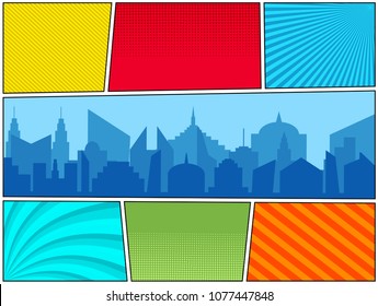 Comic book bright horizontal template with cityscape, radial backgrounds, striped and halftone effects in pop-art style. Vector illustration