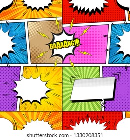 Comic book bright seamless pattern with white speech bubbles yellow Bang wording lightnings clouds sound and humor effects. Vector illustration