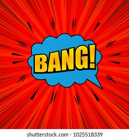 Comic book bright template with Bang orange wording blue speech bubble sound halftone arrows rays humor effects on red background. Vector illustration