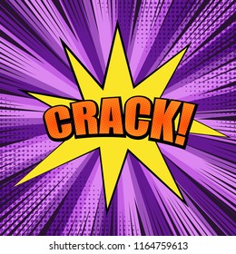 Comic book bright template with orange Crack wording yellow blot dotted and rays effects on purple radial background. Vector illustration