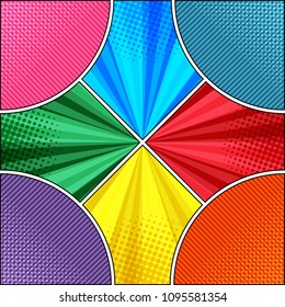 Comic book bright template with semicircles in corners radial halftone and slanted lines humor effects. Vector illustration