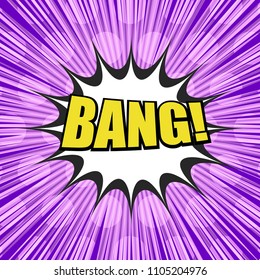 Comic book bright template with yellow Bang wording white dotted rays and radial effects in purple colors. Vector illustration