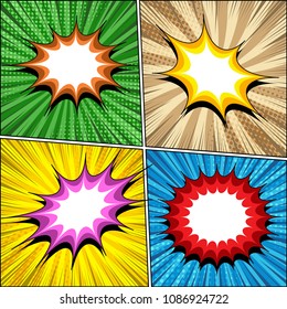 Comic book bright templates set with blank colorful speech clouds halftone radial dotted and rays effects on green brown yellow blue backgrounds. Vector illustration