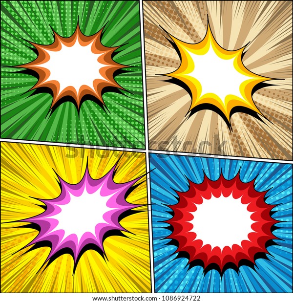 Comic book bright\
templates set with blank colorful speech clouds halftone radial\
dotted and rays effects on green brown yellow blue backgrounds.\
Vector illustration