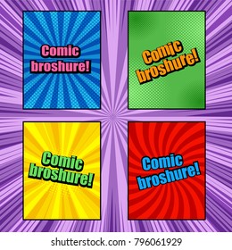 Comic book brochures with different humor effects on purple radial background in pop-art style. Blank templates. Vector illustration