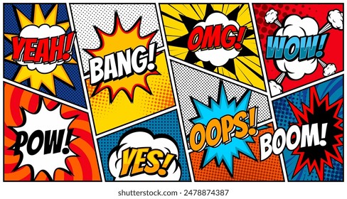 Comic book bubbles. Cartoon explosions funny comical speech clouds, comics words, thinking bubbles and graphic conversation text elements vector illustration set. Comic book emotional bubbles