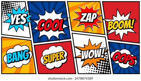 Comic book bubbles. Cartoon explosions funny comical speech clouds, comics words, thinking bubbles and graphic conversation text elements vector illustration set. Comic book emotional bubbles