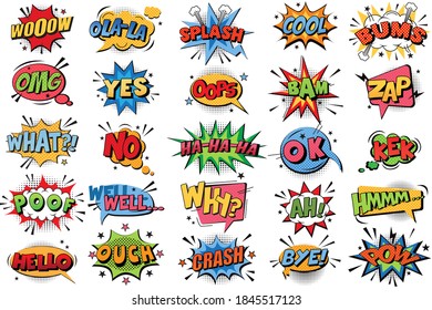 Comic Book Bubbles Doodle Set. Collection Of Cartoon Emotional Colour Explosions Funny Comical Speech Clouds Comics Words Thinking Dream Bubbles Graphic Text Conversation Design Elements Illustration 