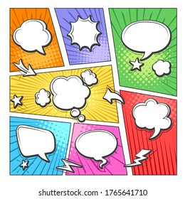 Comic book bubbles layout. Colorful cartoon comics frames for scenes and words, comical art online dialog layout in bubble, vector illustrations of retro scrapbook fun talk labels