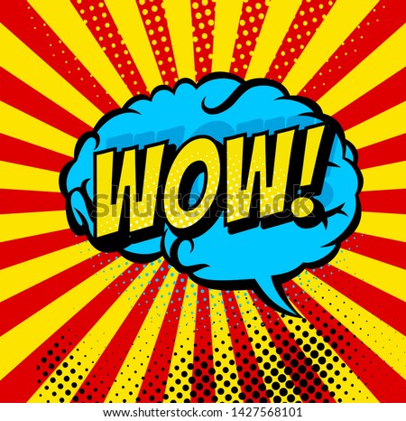 Comic book bubbles and sound blasts icons with sun beams. Vector cartoon pop art bubbles brain of WOW sound boom cloud blast explosion - Vector illustration.