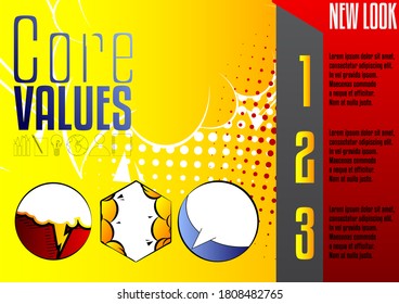 Comic book business presentation template. Vector graphic for company presentation slide, corporate annual report, banners and web design with cartoon elements.