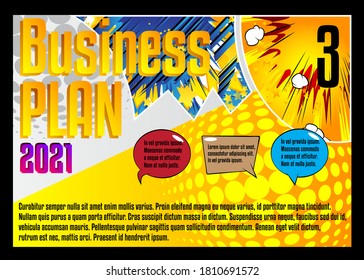 Comic book business presentation template. Vector graphic for company presentation slide, corporate annual report, banners and web design with cartoon elements.