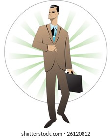 Comic book businessman walking boldly forward looking up at a gloomy future