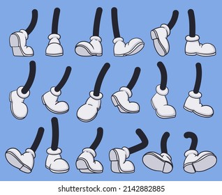 Comic book cartoon foots, doodle mascot legs in boots. Cartoon comic mascot foot, shoe legs poses vector symbols illustrations. Doodle comic foots