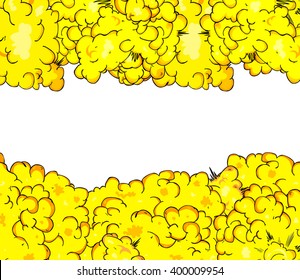 Comic book, cartoon illustration of explosion clouds background with writing space.