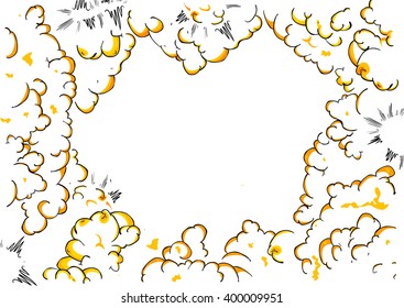Comic book, cartoon illustration of white explosion clouds background with writing space.