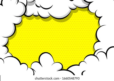 Comic Buch Cartoon Sprache Blase für Text. Cartoon Puff Cloud gelber Hintergrund für Textvorlage. Pop Art Dialog Gespräch lustige Rauchdampf. Comics Explosion Symbol.